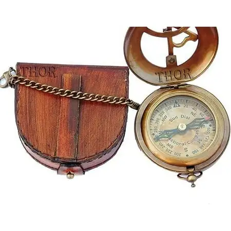Brass Sundial Compass with Leather Case and Chain | Push Open Compass | Vintage Steampunk Accessory photo Brass Sundial Compass with Leather Case and Chain | Push Open Compass | Vintage Steampunk Accessory