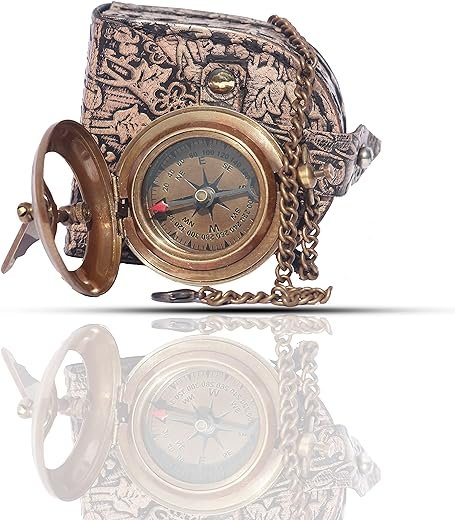 Brass Sundial Compass with Leather Case & Chain, Pocket Compass, Push Open Steampunk Accessory Antiquated Finish Beautiful Handmade Gift, Clock, Gift Brown Antique, 2 Inch