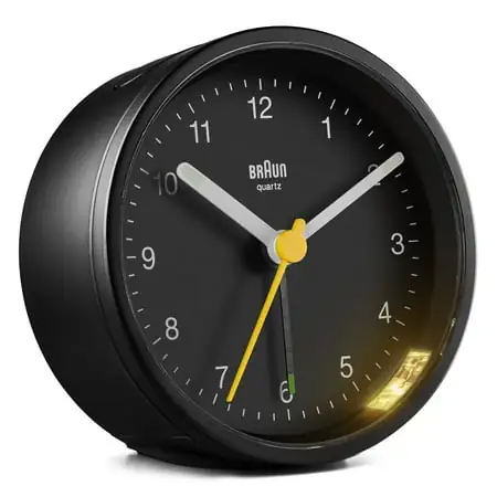 Braun BC 12 B: Timeless Black Analogue Alarm Clock with Snooze, Light, and Quiet Quartz Movement