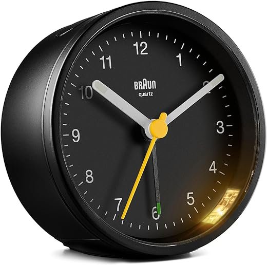 Braun Classic Analogue Alarm Clock with Snooze and Light, Quiet Quartz Movement, Crescendo Beep Alarm in Black, Model BC12B.