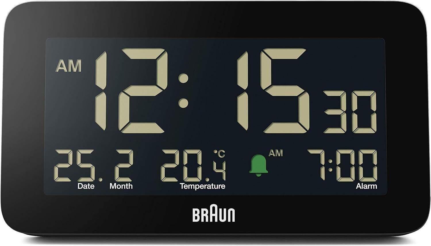 Braun Digital Alarm Clock with Date, Month and Temperature Displayed