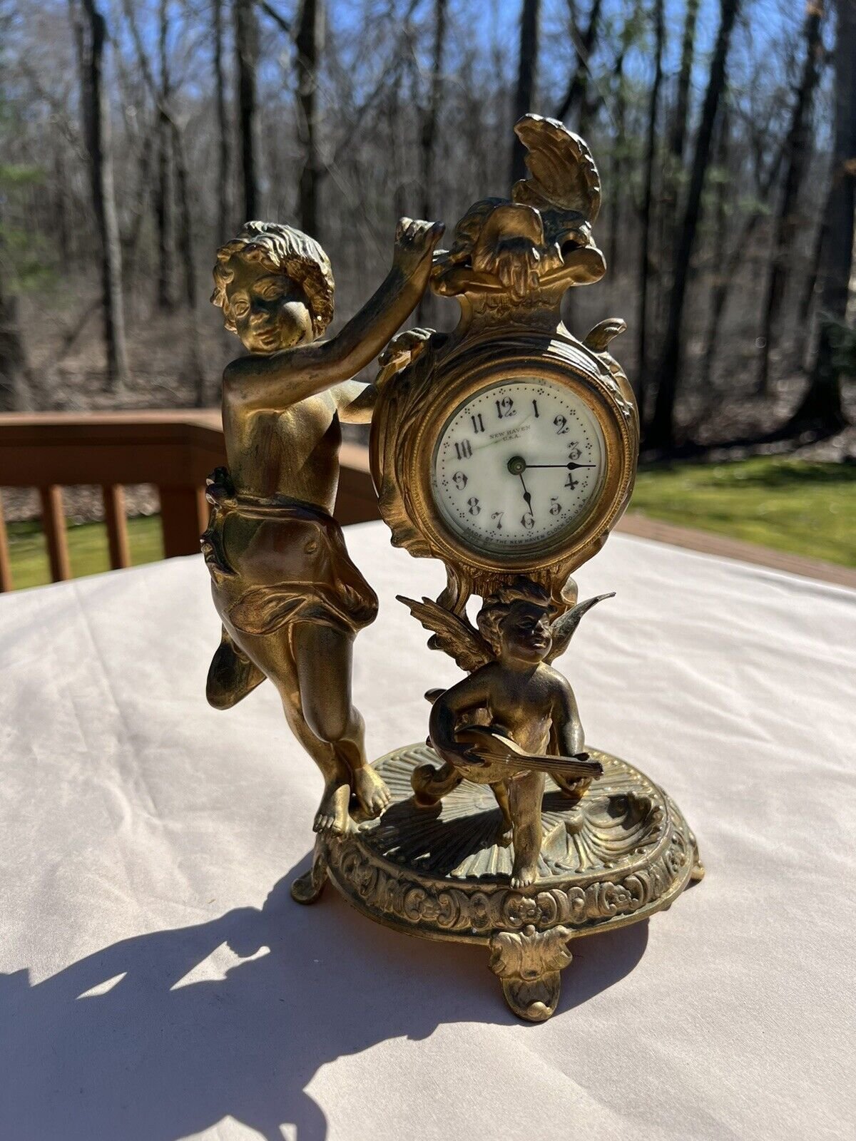 Bronze Patinated Small Mantel Cherub Cupid Clock