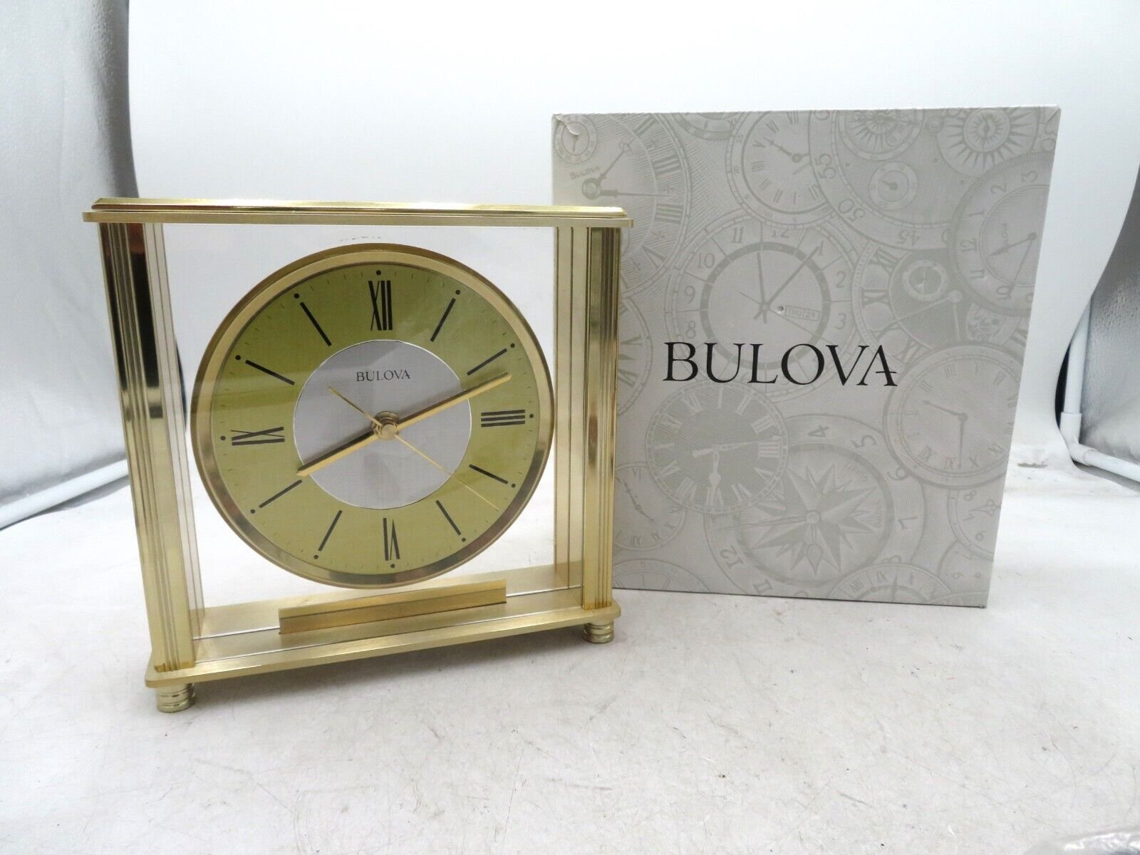 Bulova 8" Square Brass Quartz Mantel Desk Shelf Clock -