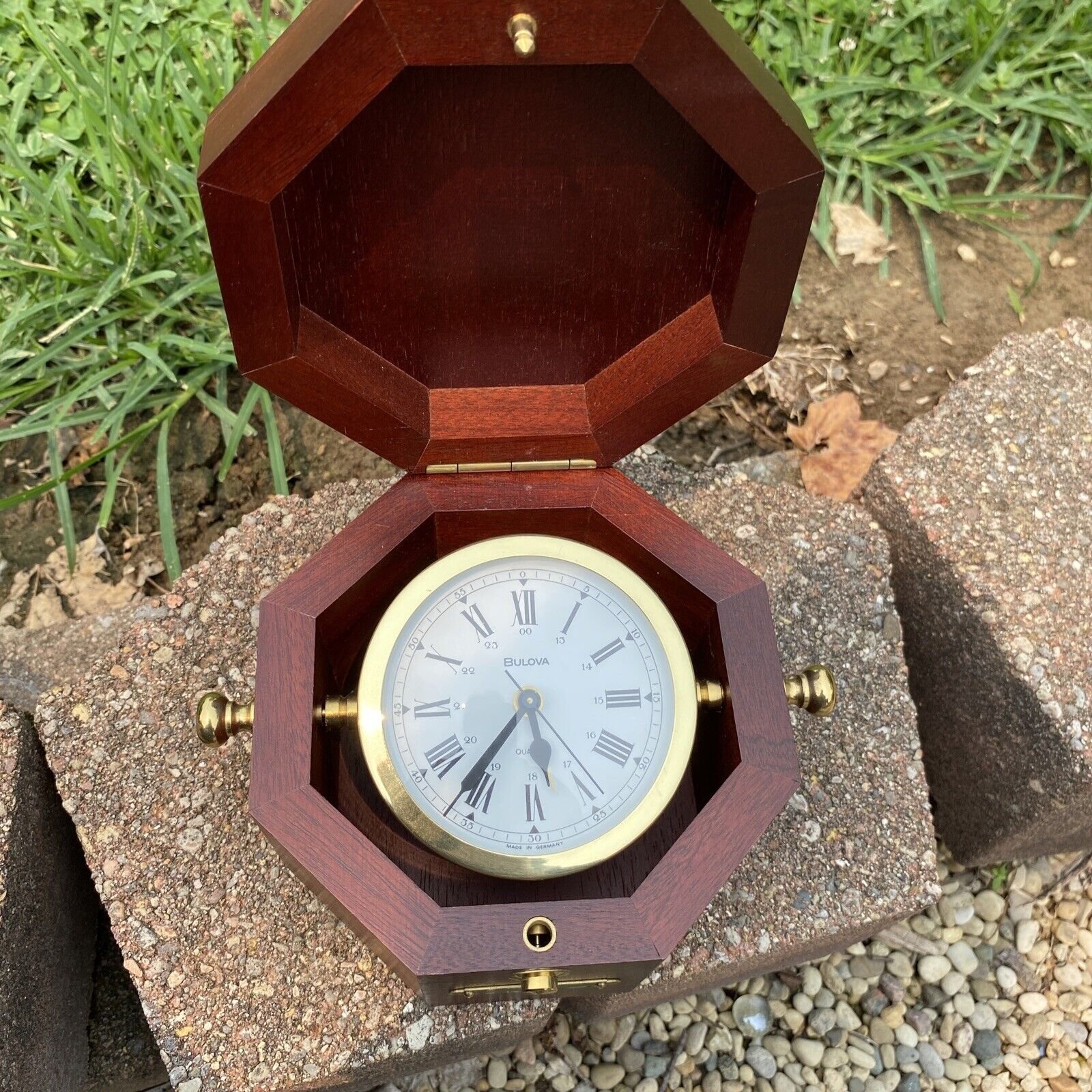 Bulova Germany Quartermaster Wood & Brass Gimbal Nautical Maritime Alarm Clock