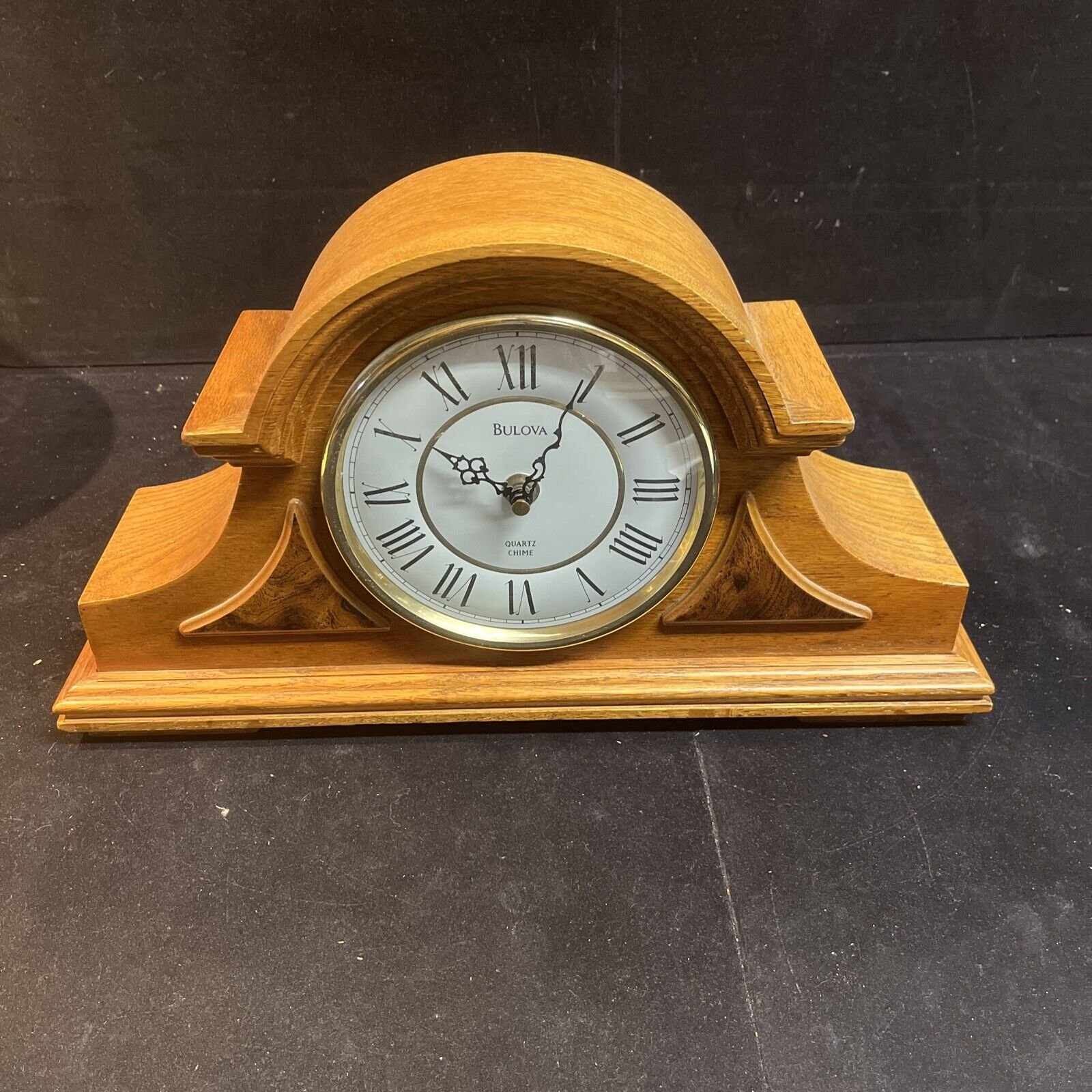 Bulova Quartz Chime Oak with Burl Accents Mantel Clock Model# B1818 T6 SH222