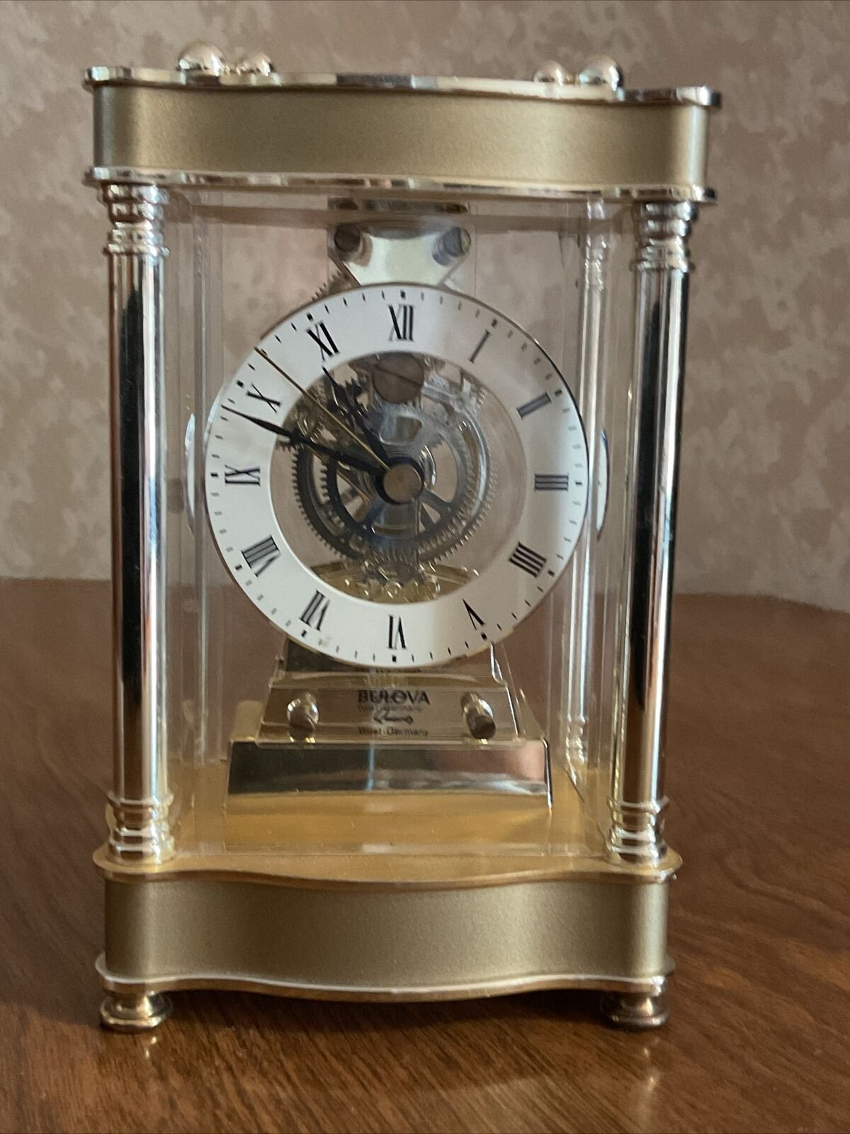 Bulova Skeleton Geared Gold Mantel Quartz Clock West Germany B-1341