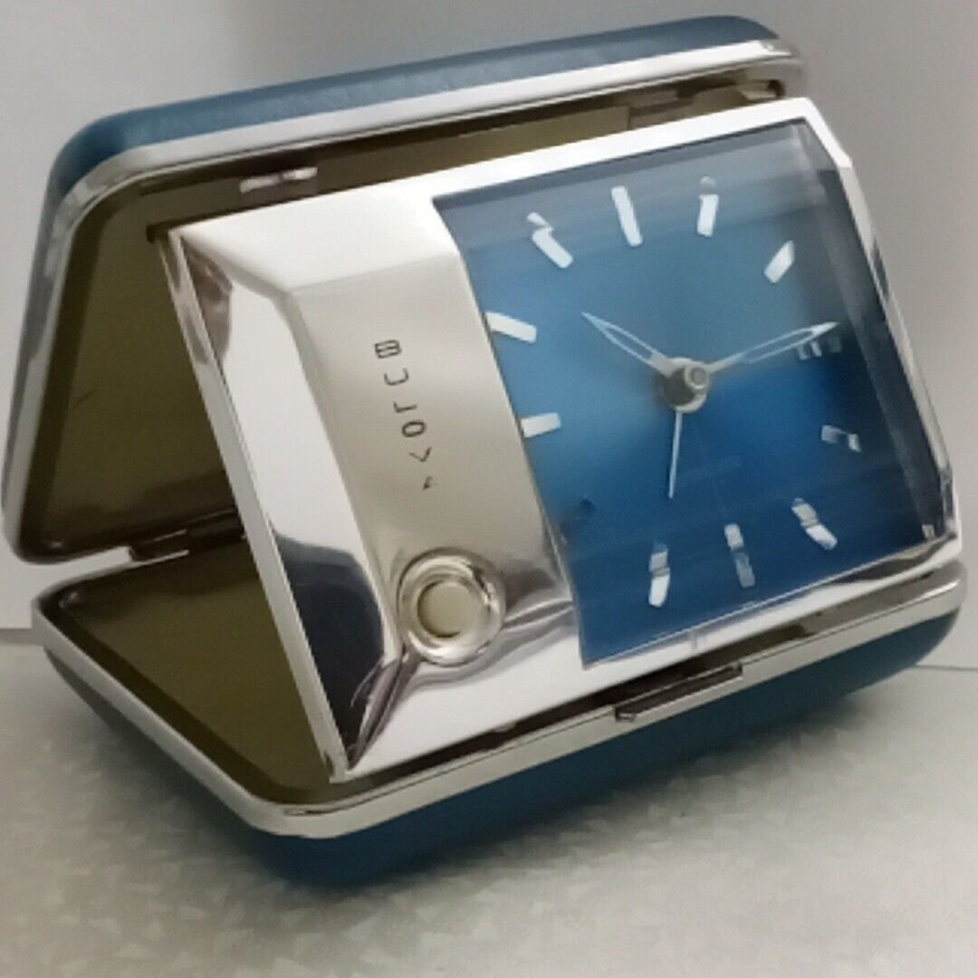 BULOVA Travel Alarm Clock Quartz Battery BLUE VTG Japan Foldaway Case Tabletop