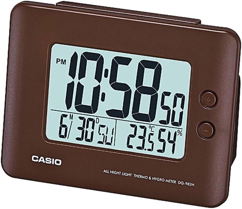 Casio DQ982N-5D Brown LED Light Digital Alarm Desk Clock Thermometer Snooze NEW