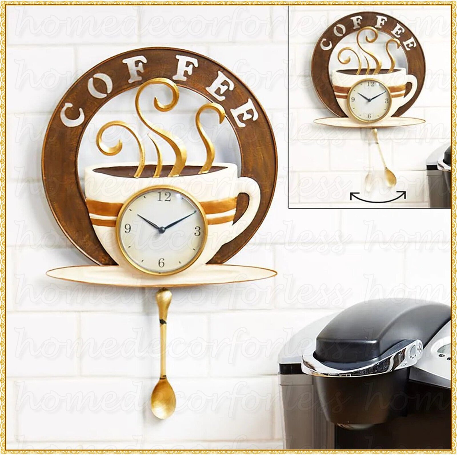 Coffee Cup Wall Clock Swinging Pendulum Spoon Metal Cafe Kitchen Home Art Decor