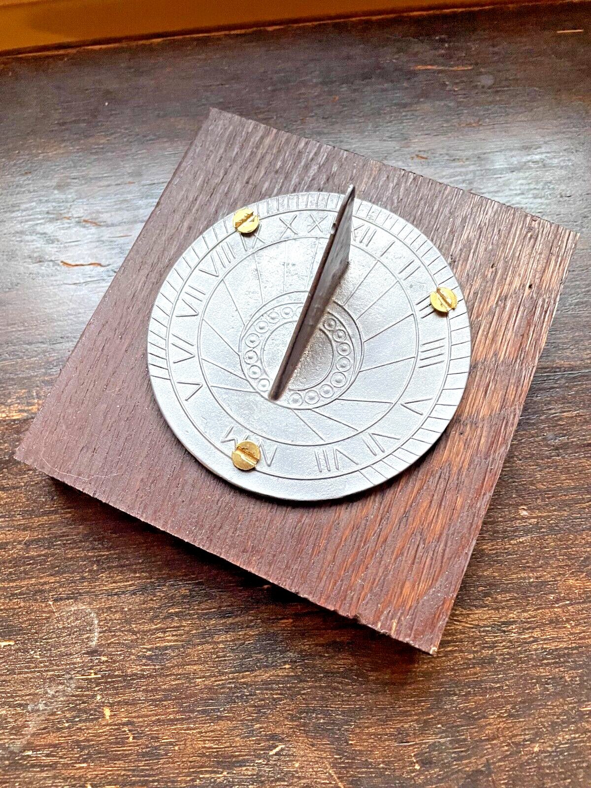Colonial Windowsill Sundial, Pewter with Wooden Base. Detail on Face dial