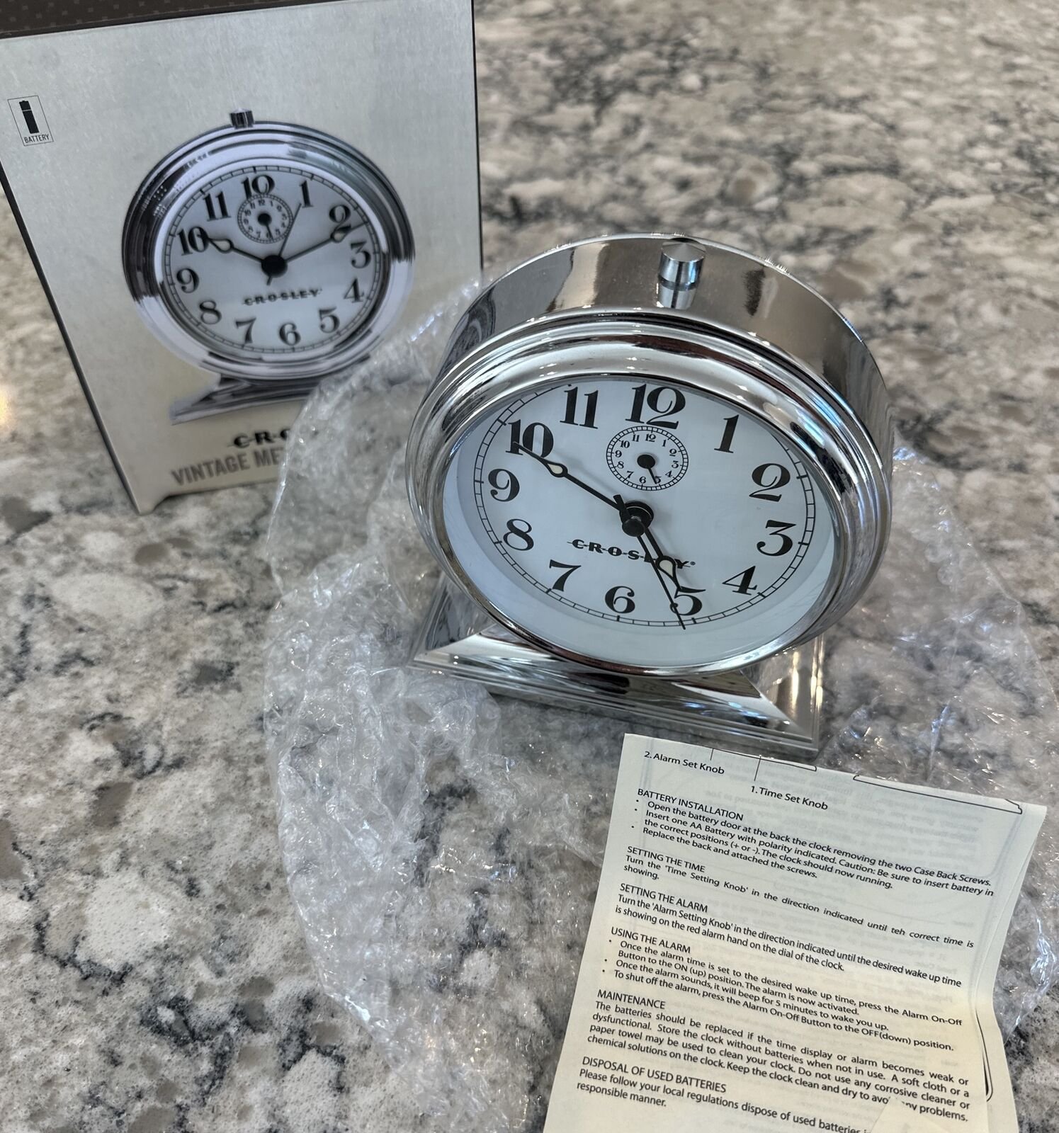 CROSLEY VINTAGE Style Metal Alarm Clock Deco Silver Chrome New Open Box