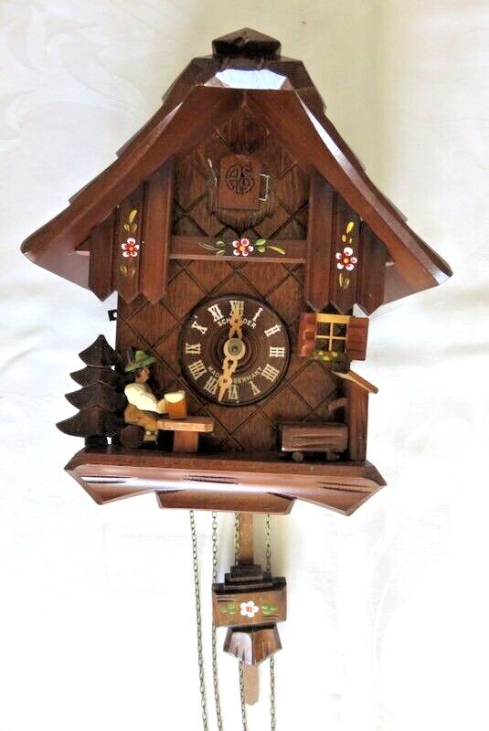 Cuckoo Clock Chalet Style Made Germany Anton Schneider Black Forest Beer Drinker
