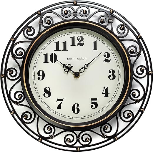 Park Madison Decorative Iron Style Wall Clock 12 Inch Silent Battery Operated Vintage Elegant Retro Clocks for Living Room Decor, Kitchen Office Dining Room Bedroom School Classroom (13736)