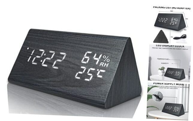 Digital Alarm Clocks Wooden LED Time Display for Bedrooms with Black