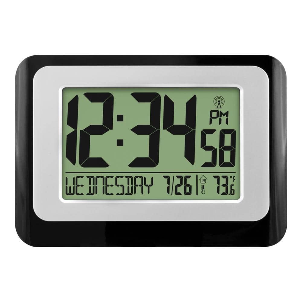 Digital Atomic Black Wall Clock with Indoor Temperature