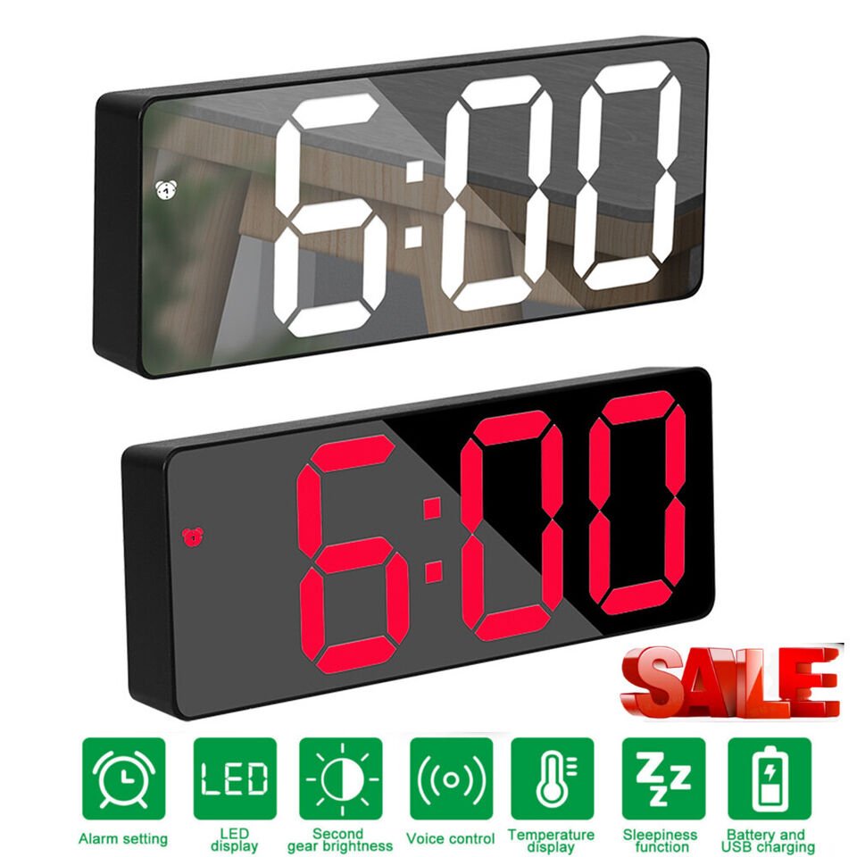 Digital LED Desk Alarm Clock Large Mirror Display USB Snooze Temperature Mode US
