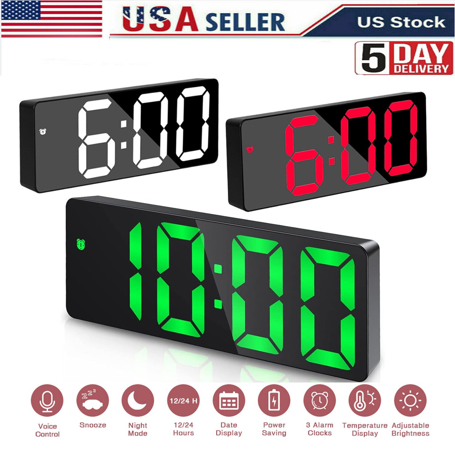 Digital LED Desk Alarm Clock Mirror Display USB Snooze Temperature Mode Bedroom