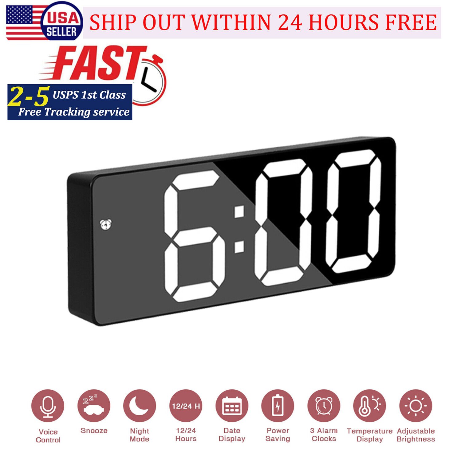 Digital LED Desktop Alarm Clock Mirror Display USB Snooze Temperature Sleep Mode