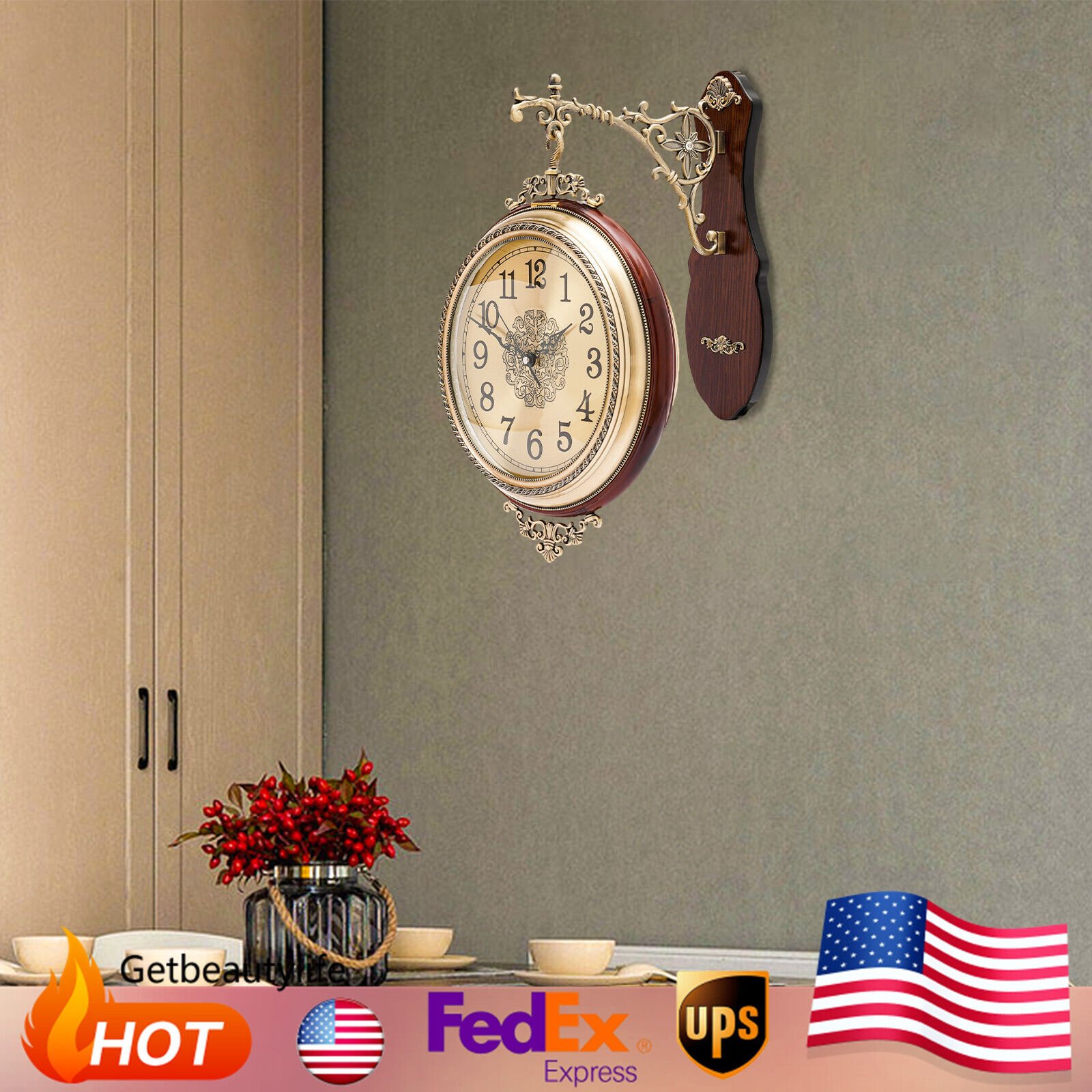 Double Sided 12" Wall Clock Antique Style Railway Station Wall Decor Gift Home