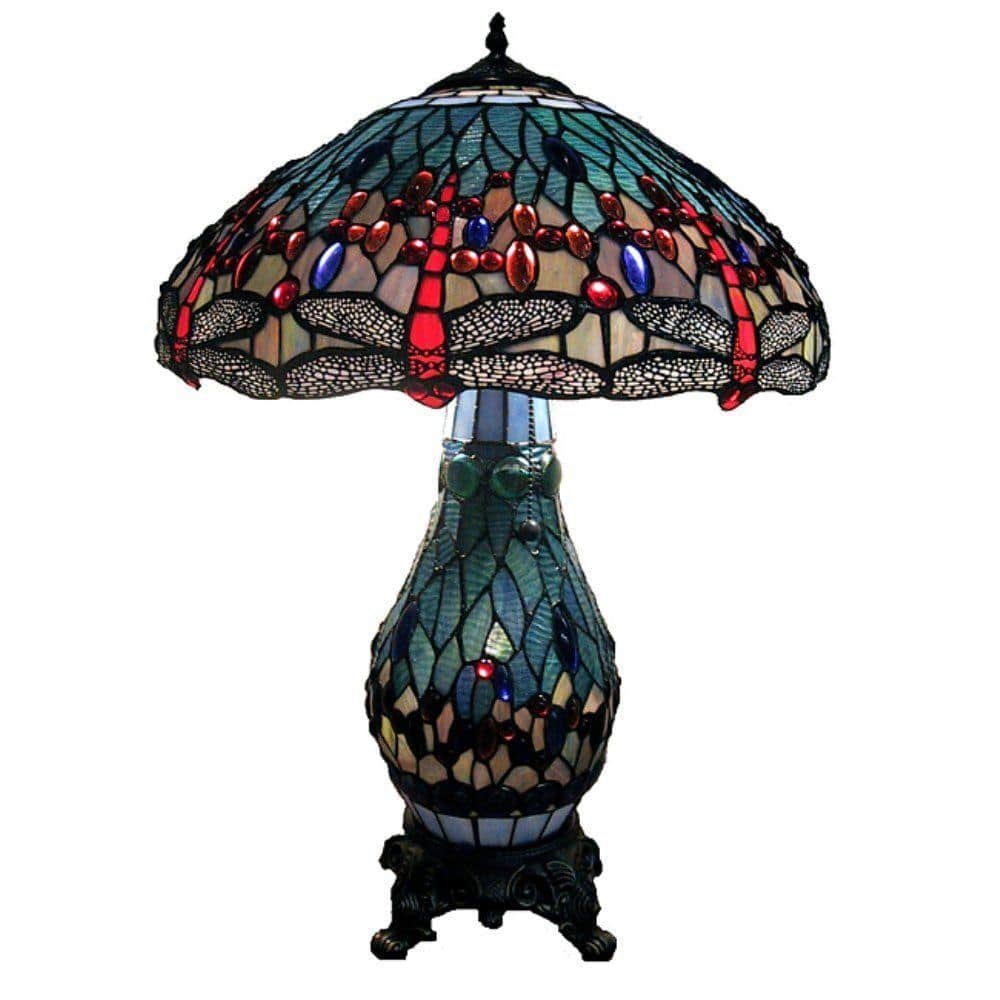 Dragonfly 26 in. Antique Brass Table Lamp with Stained Glass