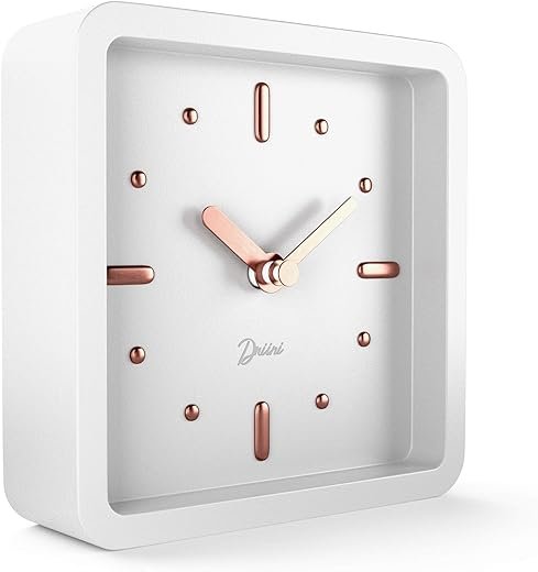 Driini Modern Mid Century Desk & Shelf Clock (White Rose Gold) - Battery Operated with Silent, Analog Movement – Small Tabletop Clocks for Office – Perfect for Mantle, End Table, Desktop or Nightstand