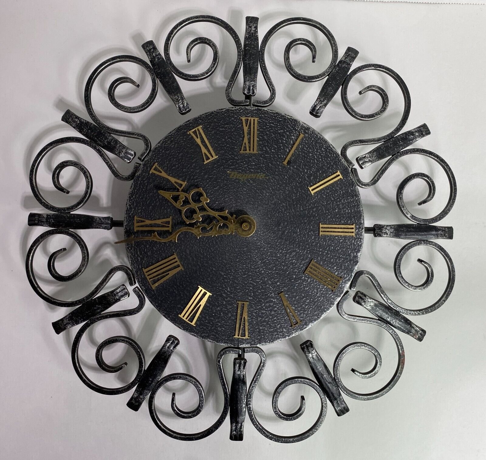 Dugena Vintage Decorative Cast Iron 13" Round Wall Clock Gold Hand Roman Numeral