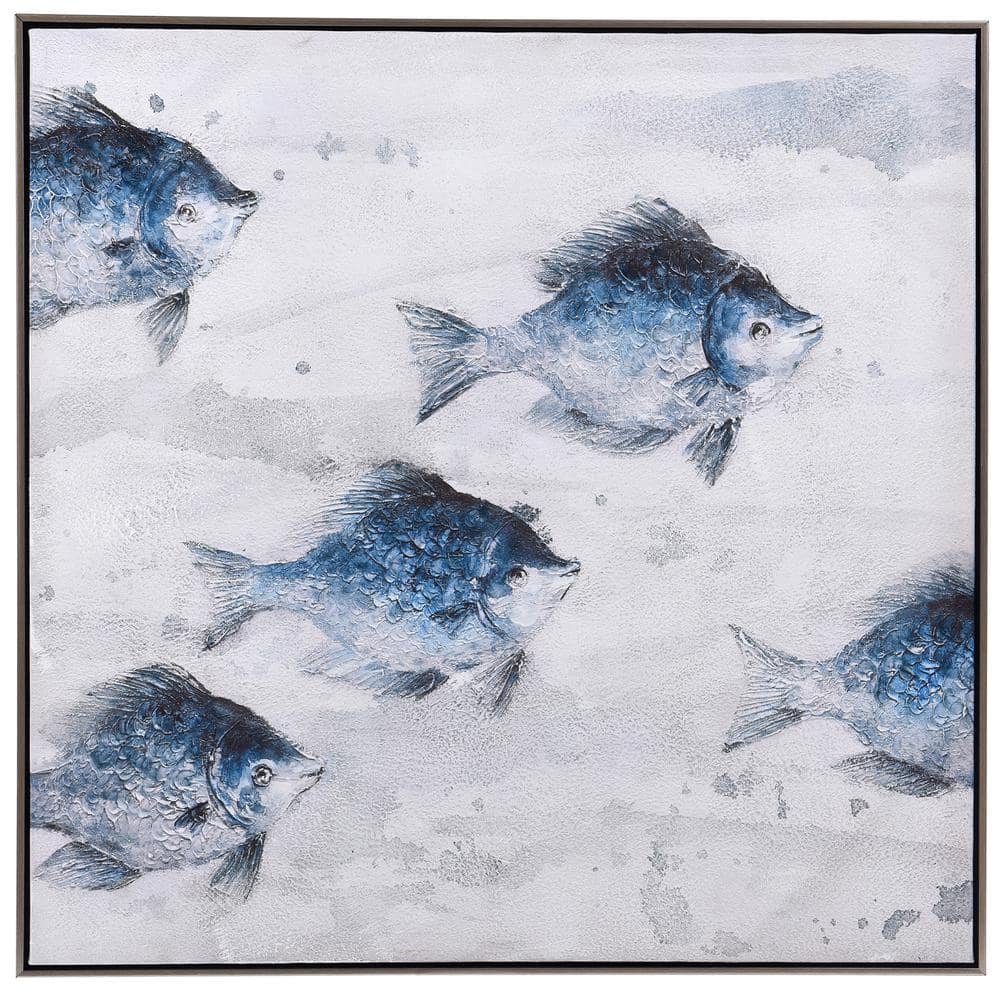 Ecco "5 Blue Abstract Fish" Handpainted on Canvas Framed Animal Wall Art...