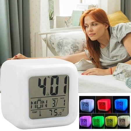 Elbeaqi Digital Alarm Night Glowing Cube 7 Colors Clock Led Change Lcd for Bedroom Child