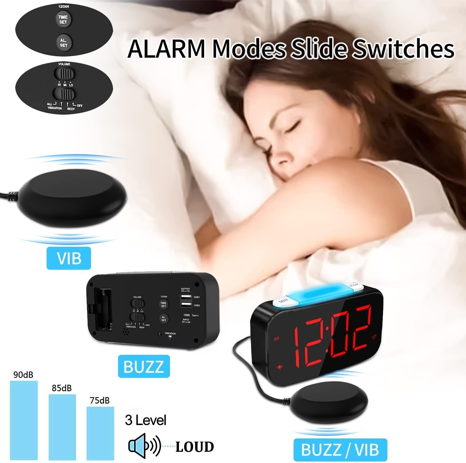 Extra Loud Alarm Clock with Bed Shaker Vibrating Alarm Clock for Heavy Sleepers