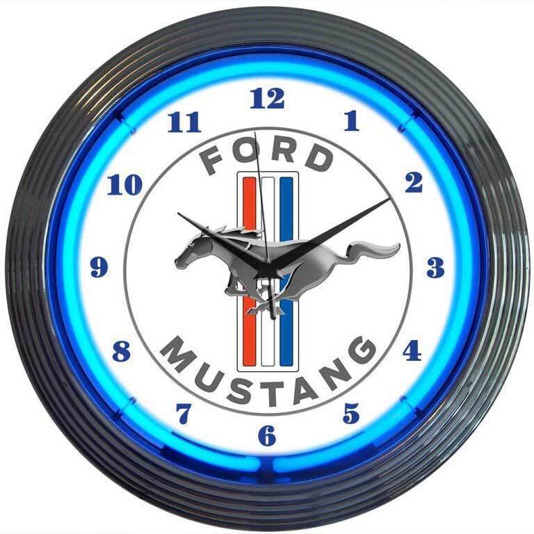 Ford Mustang White & Chrome Wall Clock with Running Horse Logo & Blue Neon Light