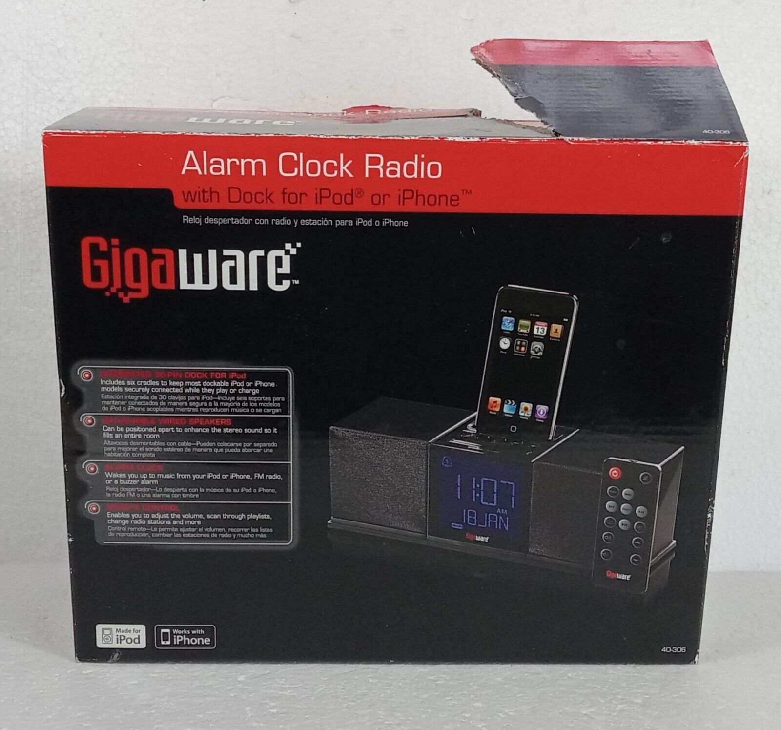 Gigaware Alarm Clock Radio iPhone and iPod Dock Has Audio Jack For Android