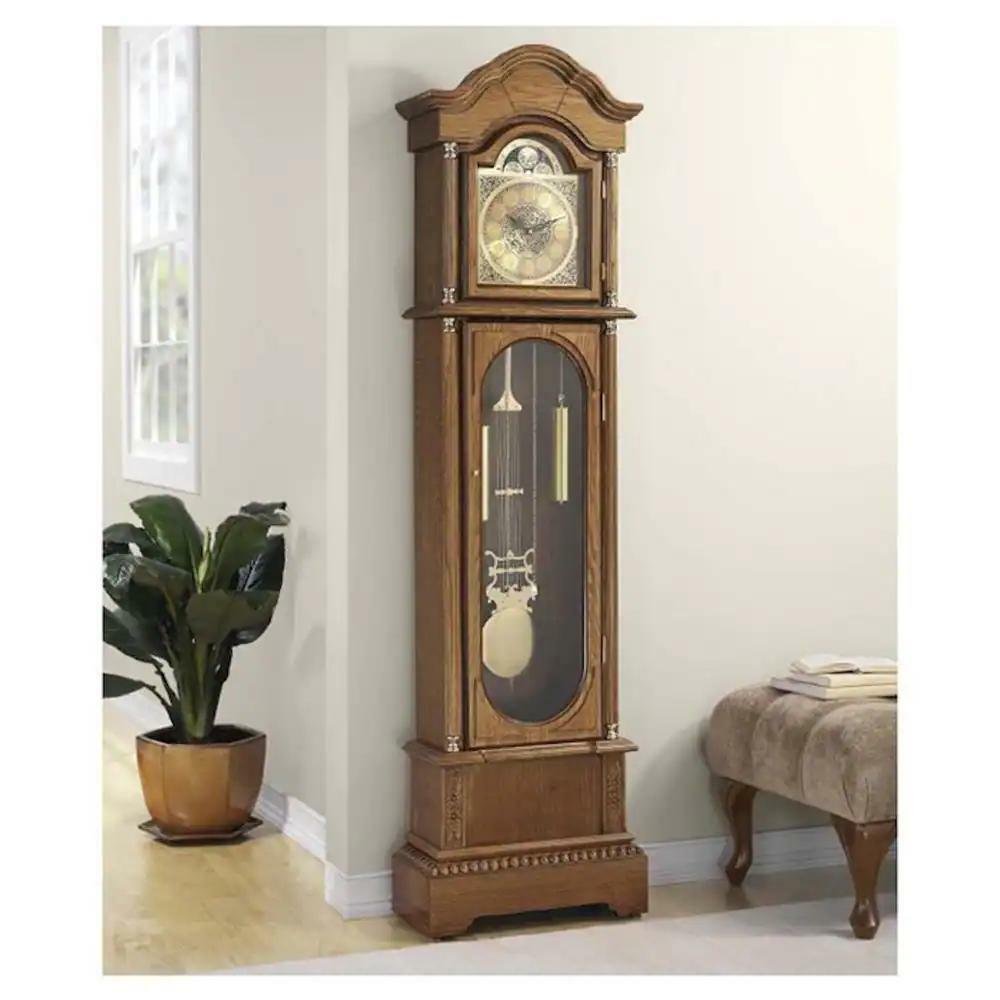 Grandfather Clock Traditional 72 in Oak Floor Standing Glass Metal Rectangle