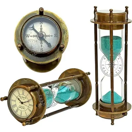 Hanzla Collection Marine Antique Brass Compass Hourglass Nautical Maritime Sand Timer & Desk Clock photo Hanzla Collection Marine Antique Brass Compass Hourglass Nautical Maritime Sand Timer & Desk Clock