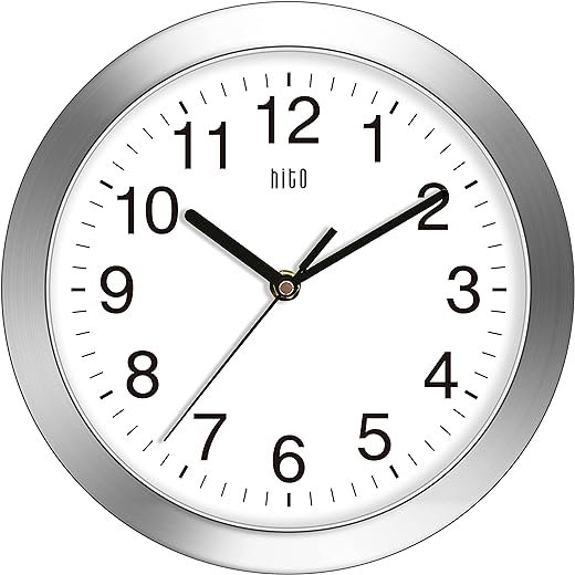 HITO 10 Inch Silent Wall Clock Battery Operated Non Ticking Glass Cover Silver Aluminum Frame, for Kitchen, Bedroom, Home Office, Living Room Decor