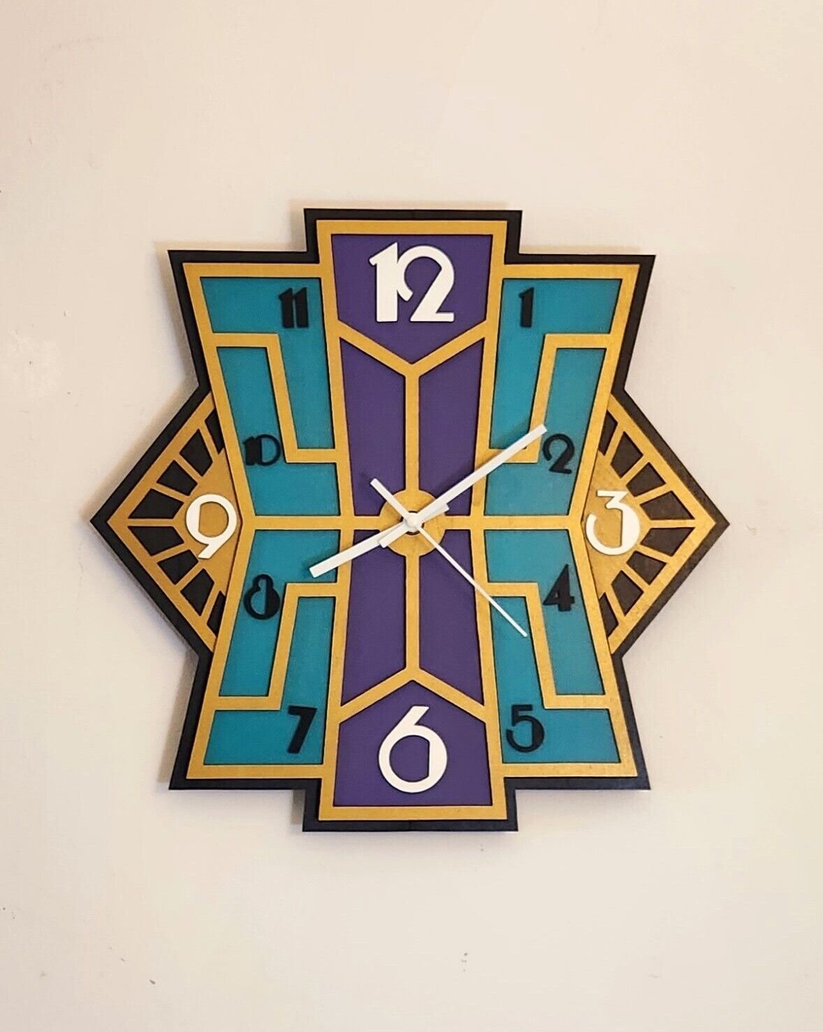 Home made, art deco, laser cut, hand painted, wooden, wall clock