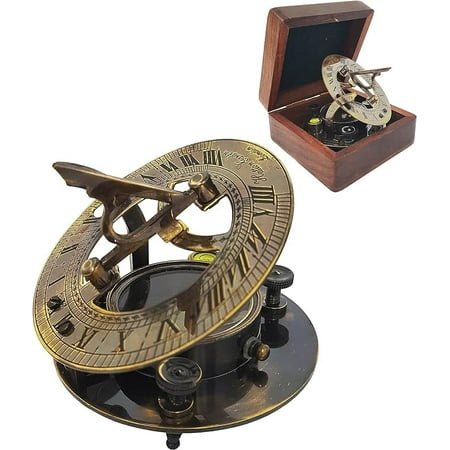 Indian Nautical Instruments Brass Compass - Antique Brass Sundial Compass Marine Boat Gift Pocket Sun Dial in Box Nautical Marine Gift Sun Clock Pirate Ship Replica Watch