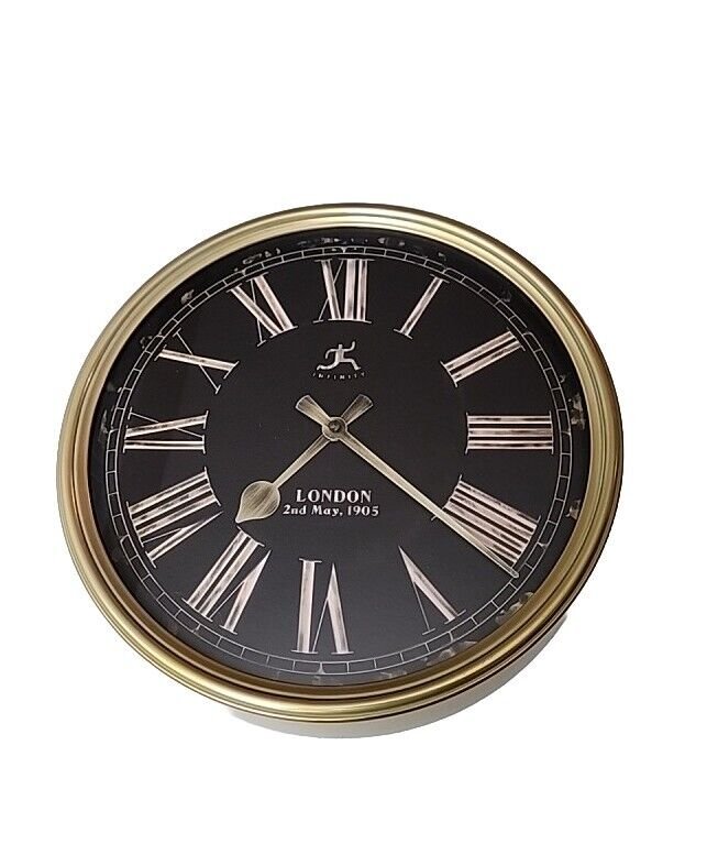 Infinity 13" Wall Clock Goldtone With Black Face Roman Numerals Silent