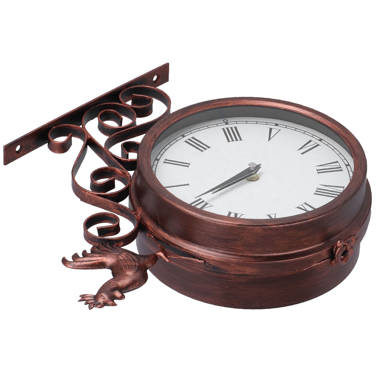 Iron Wrought Wall Clock Rooster Double Sided Antique Brass Wall Clock Round AOS