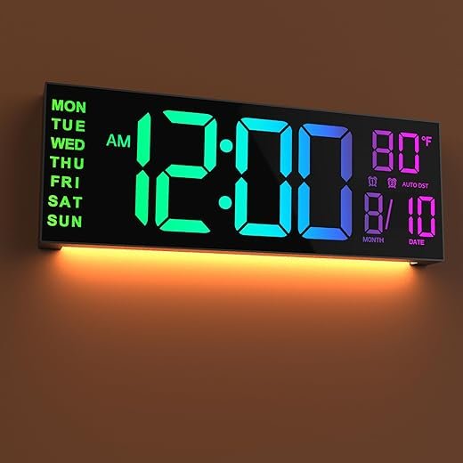 JALL 16 Large Digital Wall Clock with Remote Control, Dual Alarm with Big LED Screen Dispaly, 8 RGB Colors, Auto DST, for Living Room, Bedroom, Decor, Gift for Elderly (Black, 16 inches)