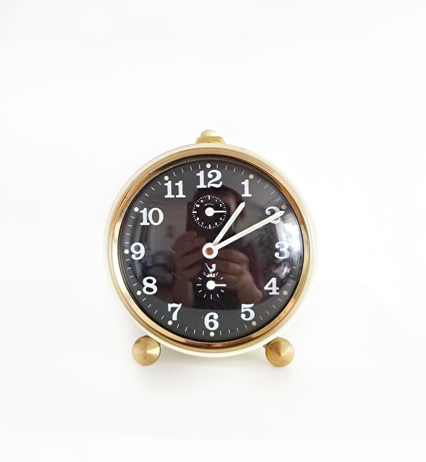 Jaz French Vintage Metal Table Clock - Beige with Black Dial & Alarm