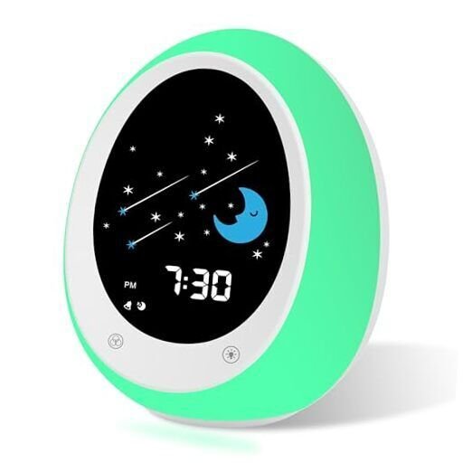 Kids Alarm Clock, Toddler Sleep Training Clock with Sun & Moon, Sound Machine,