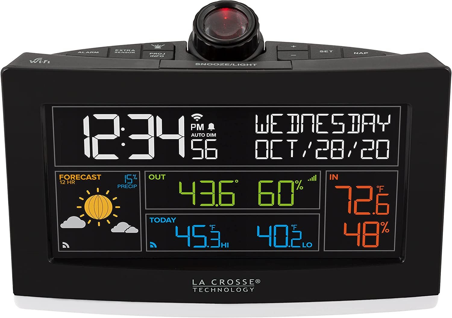 La Crosse Technology 631-99897-INT Wifi Projection Alarm Clock with Outdoor Temp
