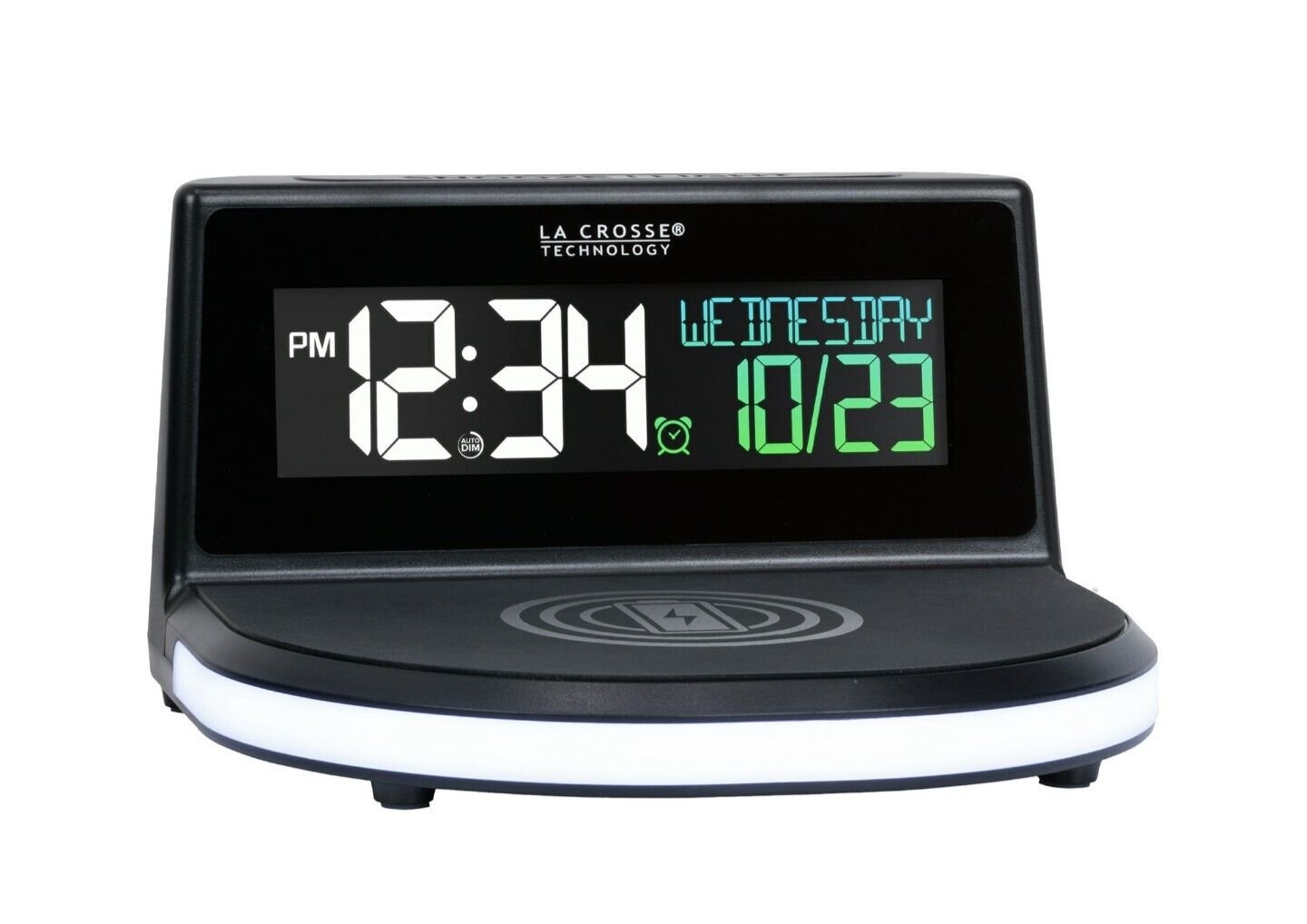 La Crosse Technology Wireless Charging Alarm Black LCD Clock with Glowing Light