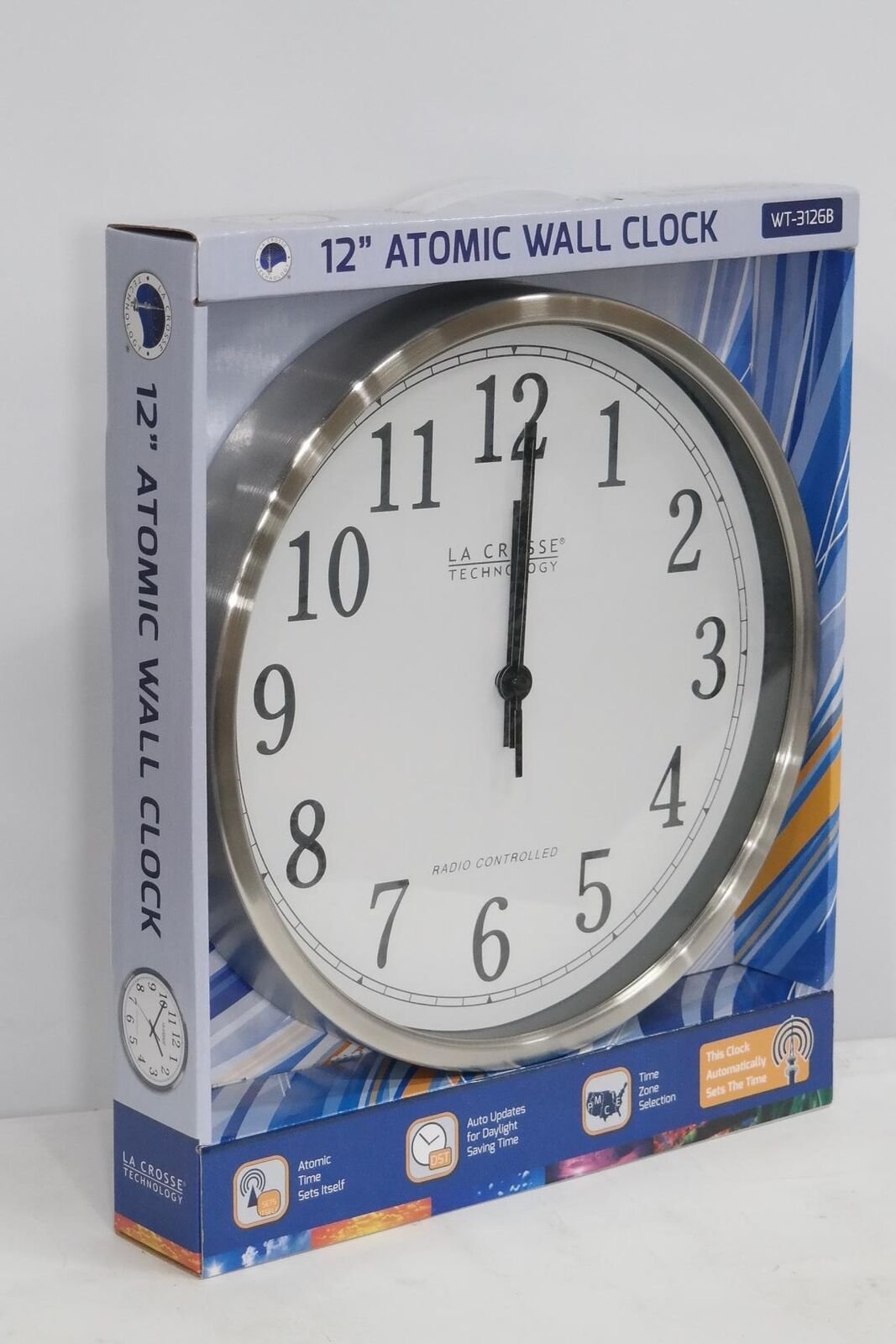 LA CROSSE WT-3126B 12-INCH ATOMIC TIME ANALOG WALL CLOCK ALUMINUM SELF AUTO SET