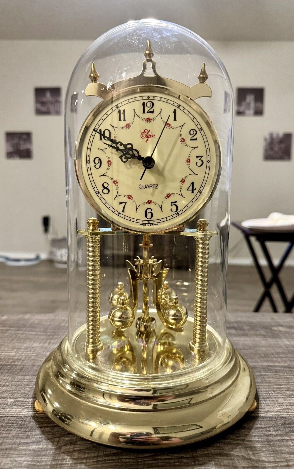 Large 12 In Glass Dome Elgin Quartz Anniversary Desk Shelf Mantle Clock WORKING