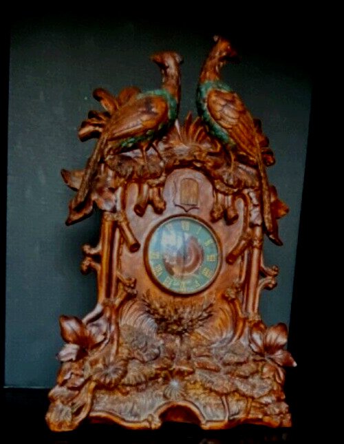 Large 25" Tall Black Forest Style Resin Mantel Quartz Clock Birds & Foliage