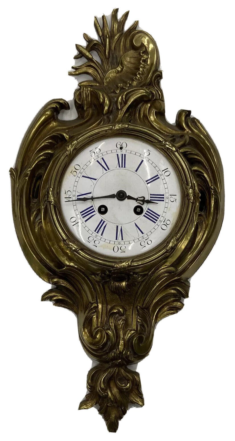 Large Antique French Louis XV Cast Bronze Cartel Wall Clock