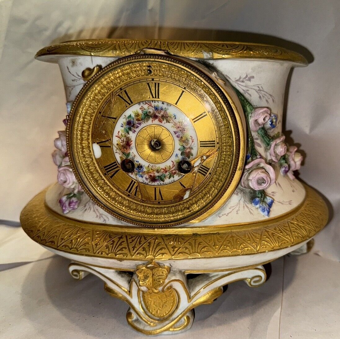 Large Antique Meissen Style Floral Porcelain Mantel Clock