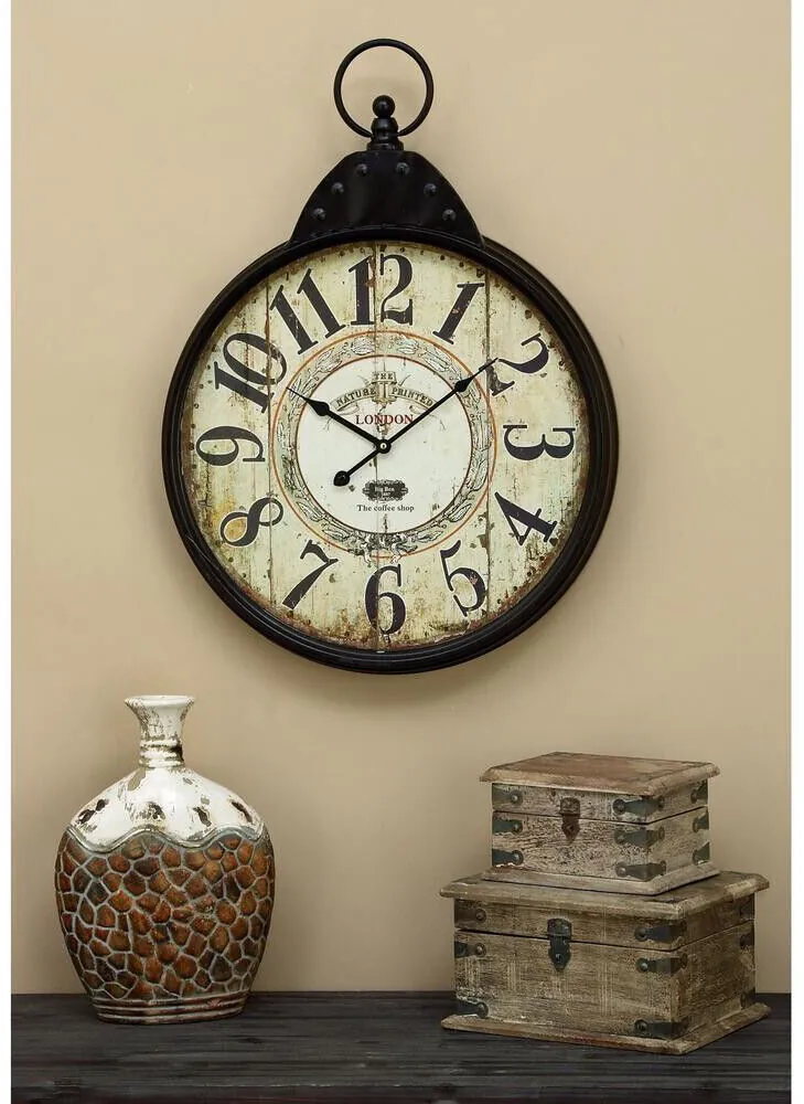 Large Vintage London Round Stopwatch Wall Clock, Rustic Metal Distressed Finish photo Large Vintage London Round Stopwatch Wall Clock, Rustic Metal Distressed Finish featured image