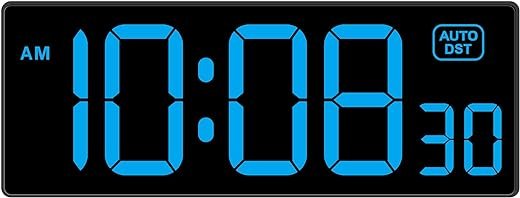 LED Digital Clock Wall Clock with Seconds, Electric Clock Plug Auto DST Dimmer LED Large Display 10 Inches (Blue)